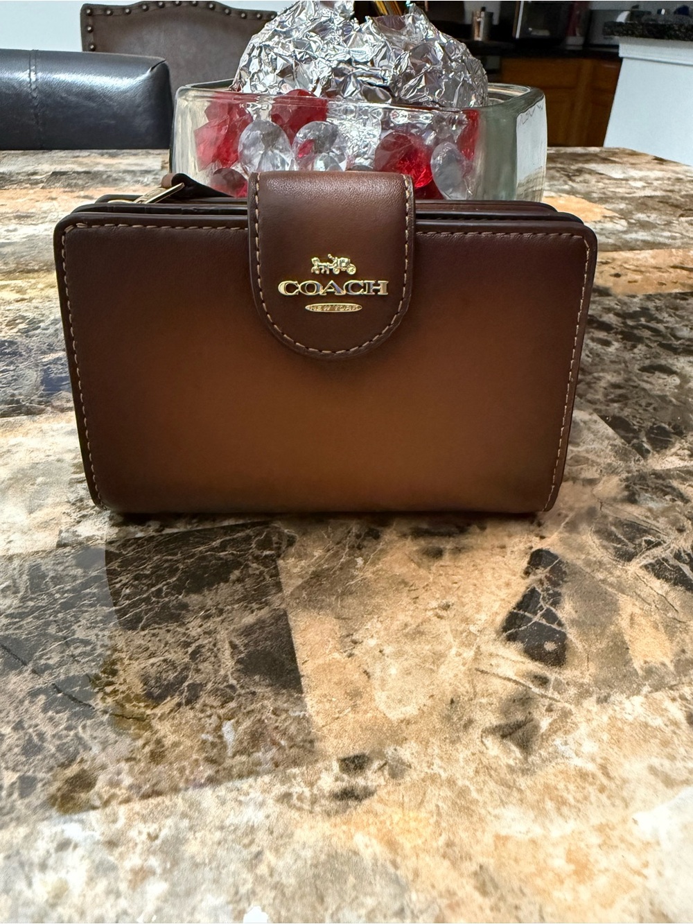 Coach Brown Leather Compact Wallet with Gold Logo Tab